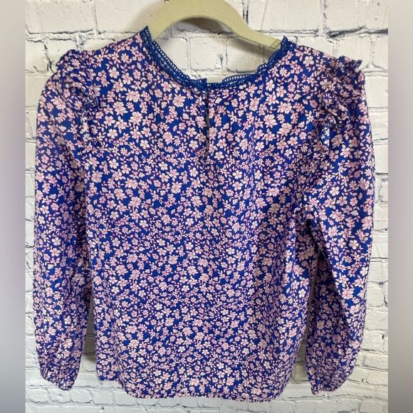 J Crew Cobalt Blue Pink Ditzy Cottagecore Romantic Sweet Long Sleeve Blouse XS - Picture 4 of 13